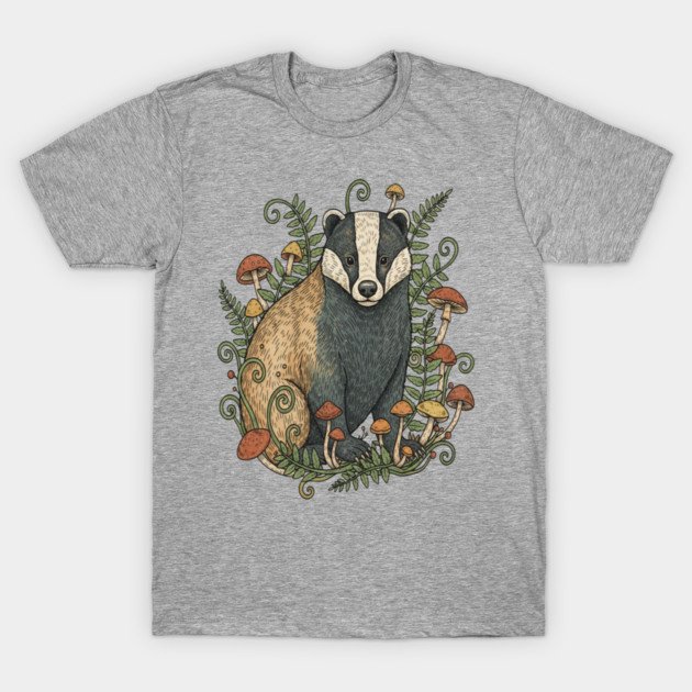 Badger Among Forest Mushrooms T-Shirt by BirdsnStuff