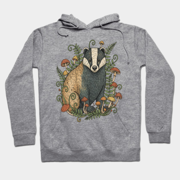 Badger Among Forest Mushrooms Hoodie by BirdsnStuff
