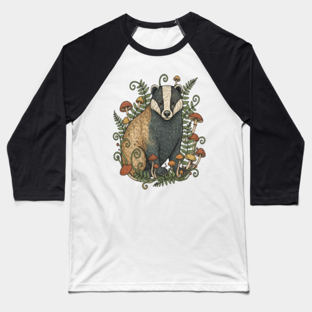 Badger Among Forest Mushrooms Baseball T-Shirt by BirdsnStuff