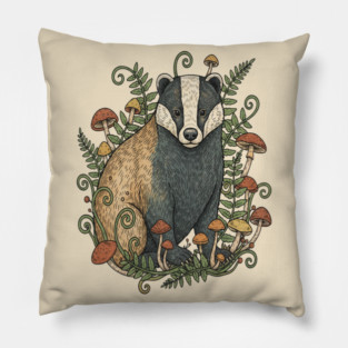 Badger Among Forest Mushrooms Pillow