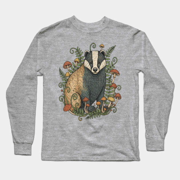 Badger Among Forest Mushrooms Long Sleeve T-Shirt by BirdsnStuff