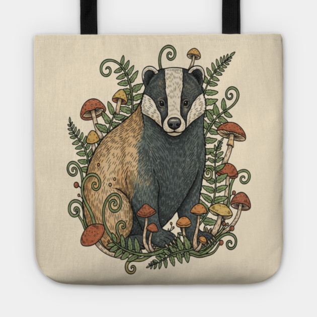 Badger Among Forest Mushrooms Tote by BirdsnStuff