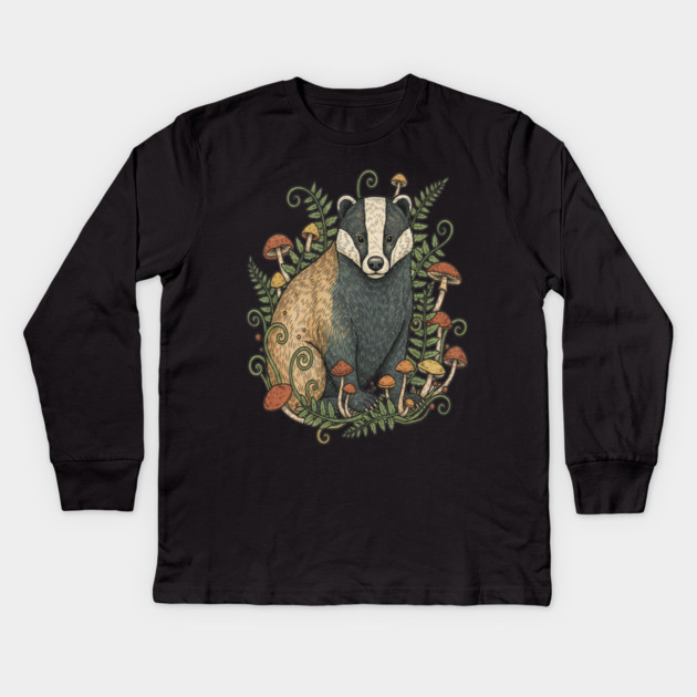 Badger Among Forest Mushrooms Kids Long Sleeve T-Shirt by BirdsnStuff