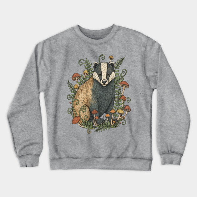 Badger Among Forest Mushrooms Crewneck Sweatshirt by BirdsnStuff