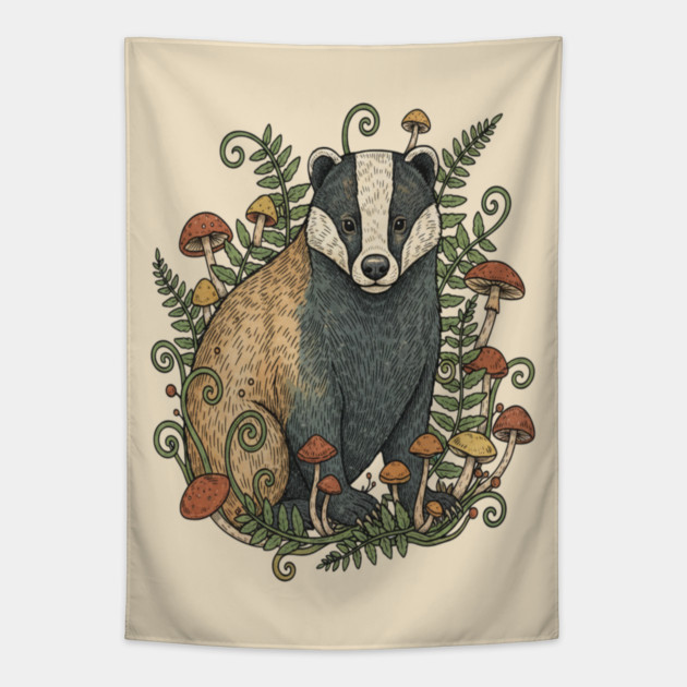 Badger Among Forest Mushrooms Tapestry by BirdsnStuff