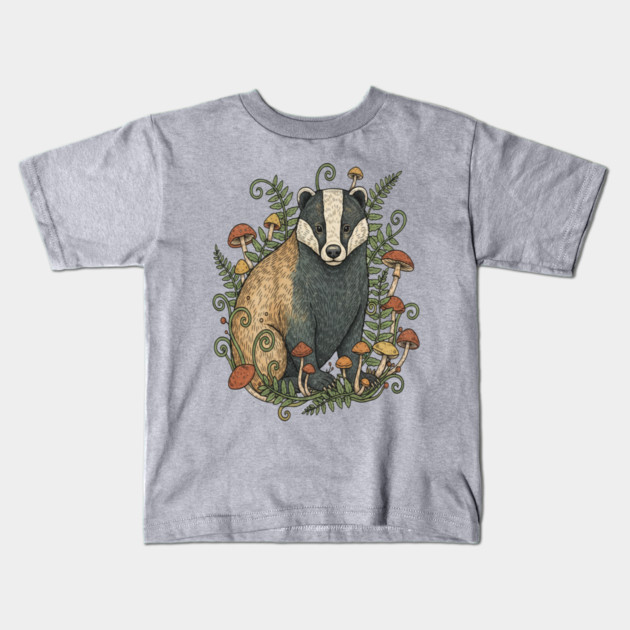 Badger Among Forest Mushrooms Kids T-Shirt by BirdsnStuff
