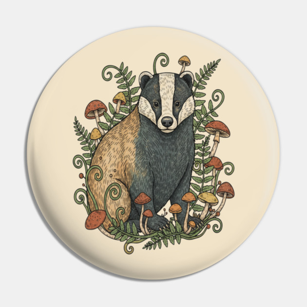 Badger Among Forest Mushrooms Pin by BirdsnStuff