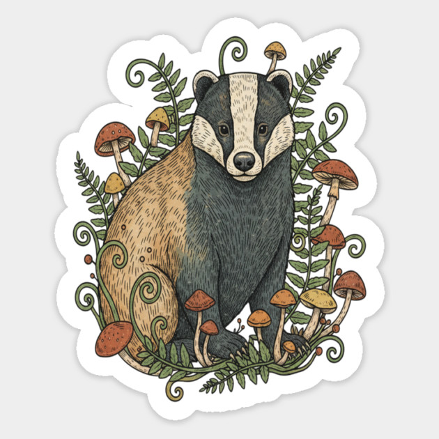 Badger Among Forest Mushrooms Magnet by BirdsnStuff