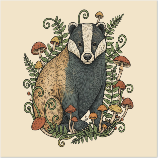 Badger Among Forest Mushrooms Wall Art by BirdsnStuff