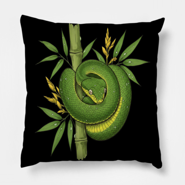 Bamboo Pit Viper Jungle Illustration Pillow by BirdsnStuff