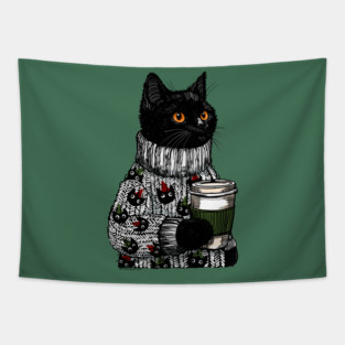 Christmas Sweater Googly Eye Cat Tapestry