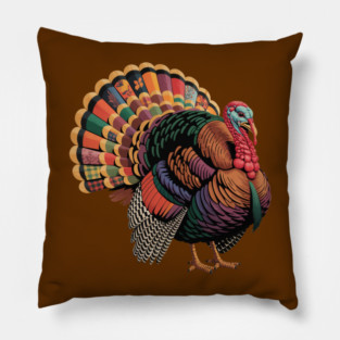 Colorful Patchwork Turkey Illustration – Vintage Thanksgiving Pillow
