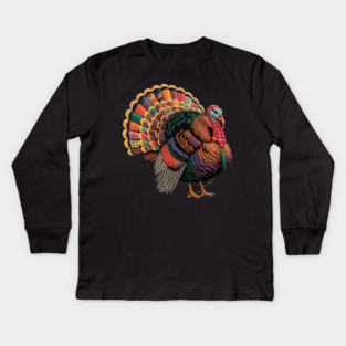 Colorful Patchwork Turkey Illustration – Vintage Thanksgiving Kids Long Sleeve T-Shirt