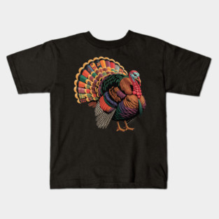 Colorful Patchwork Turkey Illustration – Vintage Thanksgiving Kids T-Shirt