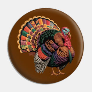 Colorful Patchwork Turkey Illustration – Vintage Thanksgiving Pin