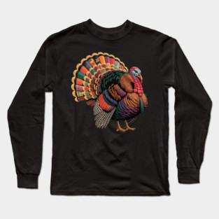 Colorful Patchwork Turkey Illustration – Vintage Thanksgiving Long Sleeve T-Shirt