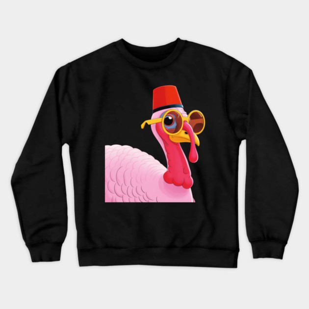 Cool Turkey with Fez and Sunglasses – Funny Retro Bird Crewneck Sweatshirt by Creatifly Graphic Tees
