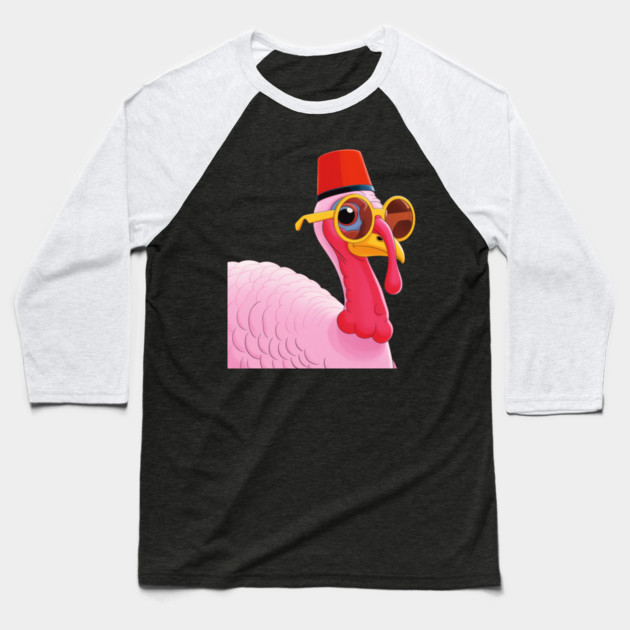 Cool Turkey with Fez and Sunglasses – Funny Retro Bird Baseball T-Shirt by Creatifly Graphic Tees