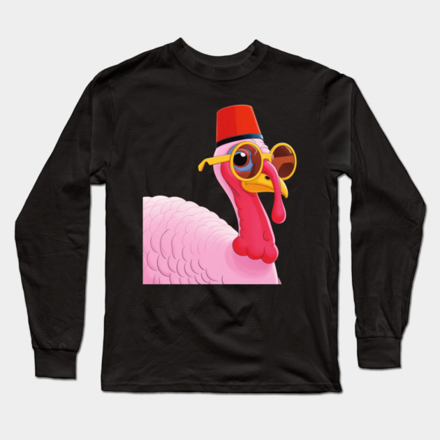 Cool Turkey with Fez and Sunglasses – Funny Retro Bird Long Sleeve T-Shirt by Creatifly Graphic Tees