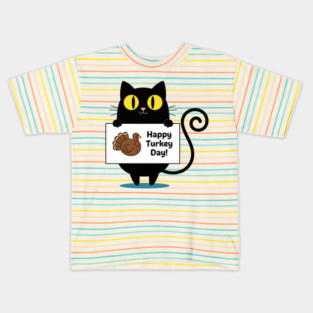 Happy Turkey Day Black Cat Thanksgiving - Funny Cat Lover Kids T-Shirt