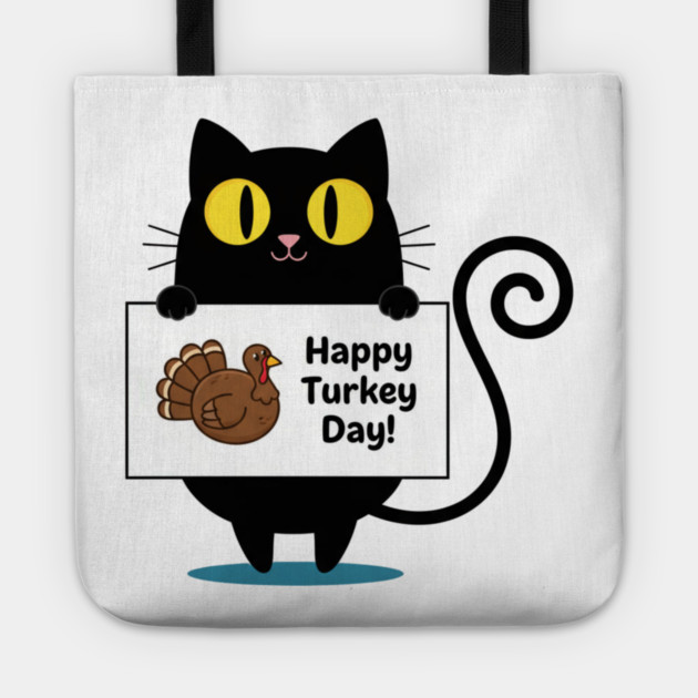 Happy Turkey Day Black Cat Thanksgiving - Funny Cat Lover Tote by Creatifly Graphic Tees