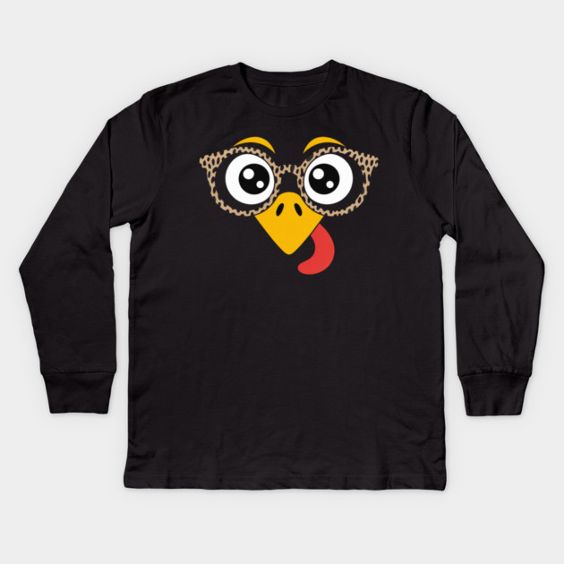 Funny Turkey Face with Glasses Thanksgiving Kids Long Sleeve T-Shirt by Creatifly Graphic Tees