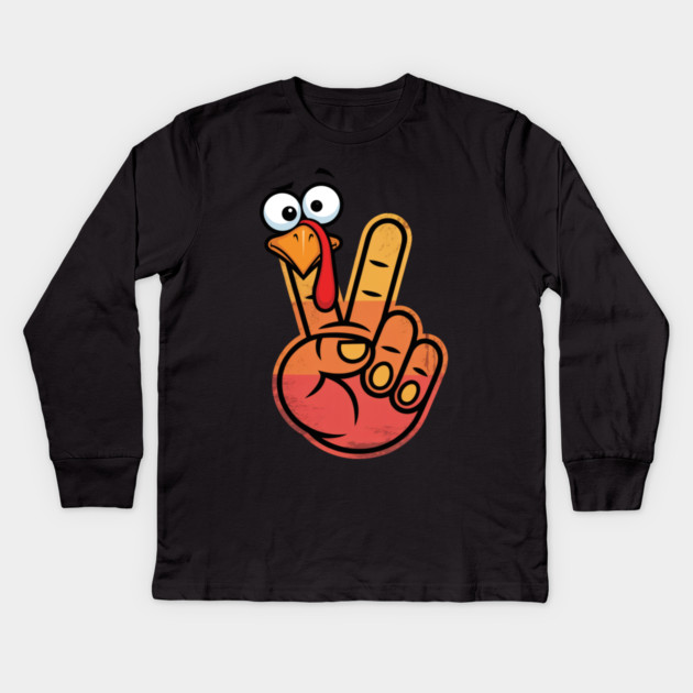 Peace Sign Turkey Hand Thanksgiving - Funny Turkey Hand Gesture Kids Long Sleeve T-Shirt by Creatifly Graphic Tees