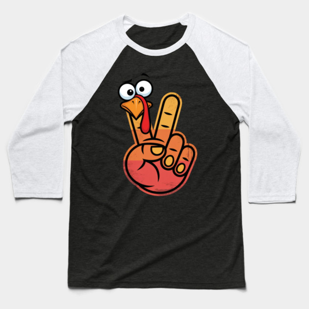 Peace Sign Turkey Hand Thanksgiving - Funny Turkey Hand Gesture Baseball T-Shirt by Creatifly Graphic Tees