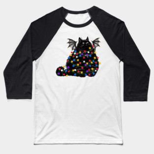 Chonky Black Bat Cat In Christmas Lights Baseball T-Shirt