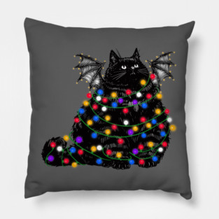 Chonky Black Bat Cat In Christmas Lights Pillow