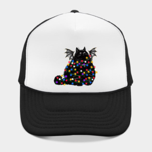 Chonky Black Bat Cat In Christmas Lights Hat