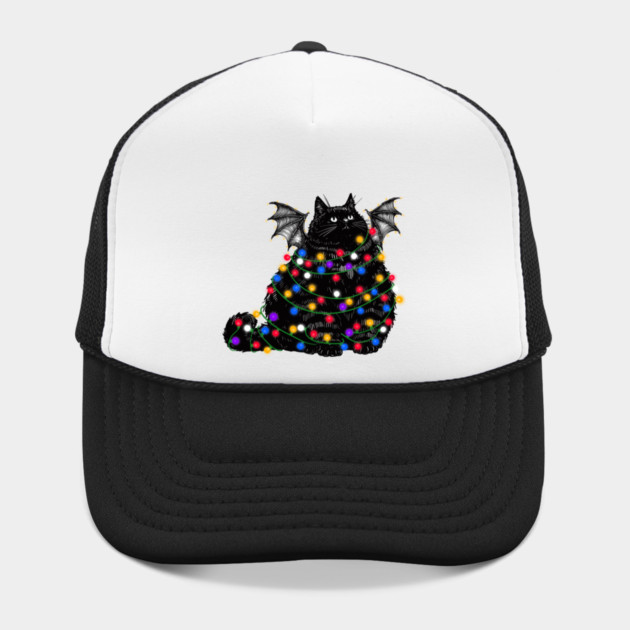 Chonky Black Bat Cat In Christmas Lights by KilkennyCat Art