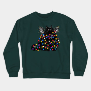 Chonky Black Bat Cat In Christmas Lights Crewneck Sweatshirt