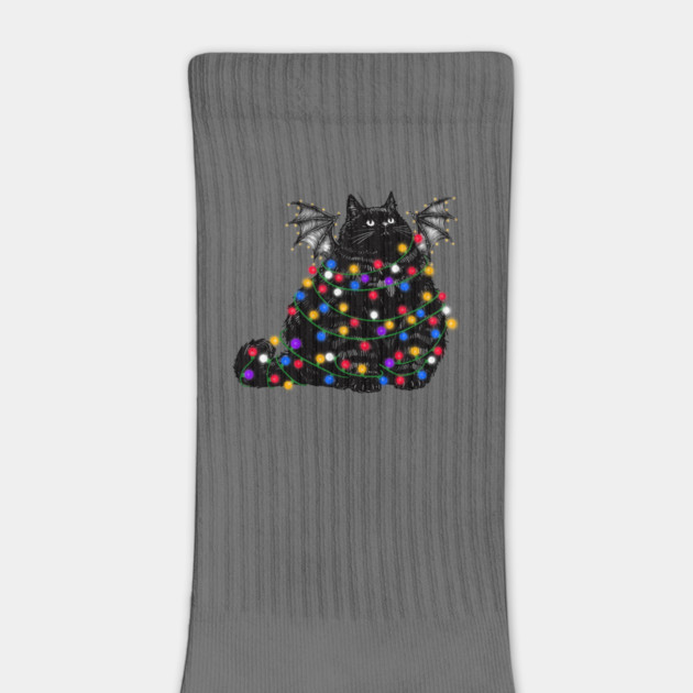 Chonky Black Bat Cat In Christmas Lights by KilkennyCat Art