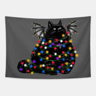 Chonky Black Bat Cat In Christmas Lights Tapestry