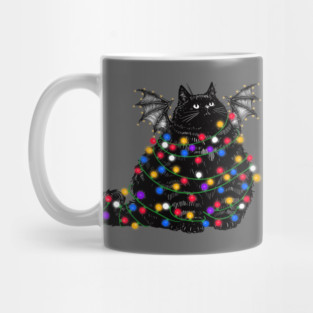 Chonky Black Bat Cat In Christmas Lights Mug