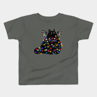 Chonky Black Bat Cat In Christmas Lights Kids T-Shirt