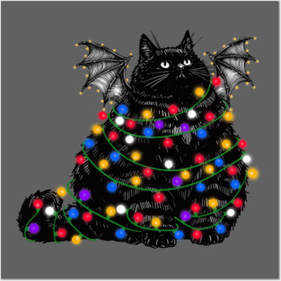 Chonky Black Bat Cat In Christmas Lights Posters and Art
