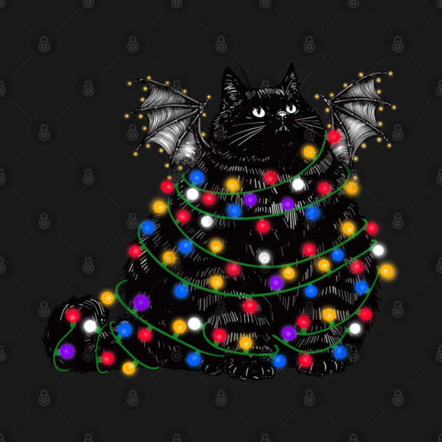 Chonky Black Bat Cat In Christmas Lights by KilkennyCat Art