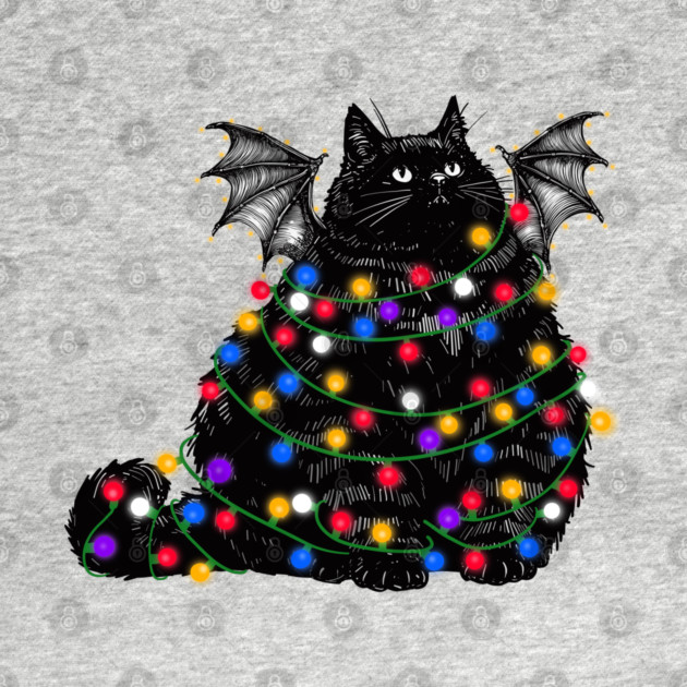 Chonky Black Bat Cat In Christmas Lights by KilkennyCat Art