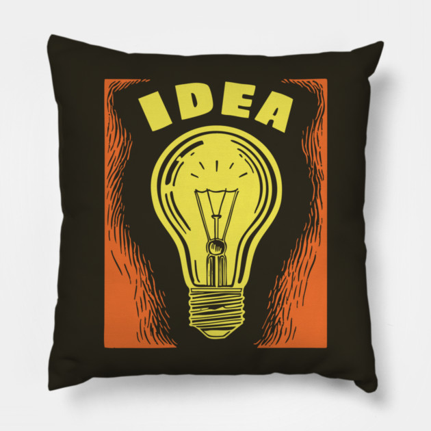 Bright Idea Lightbulb Vintage Linocut Graphic Pillow by TuncGK