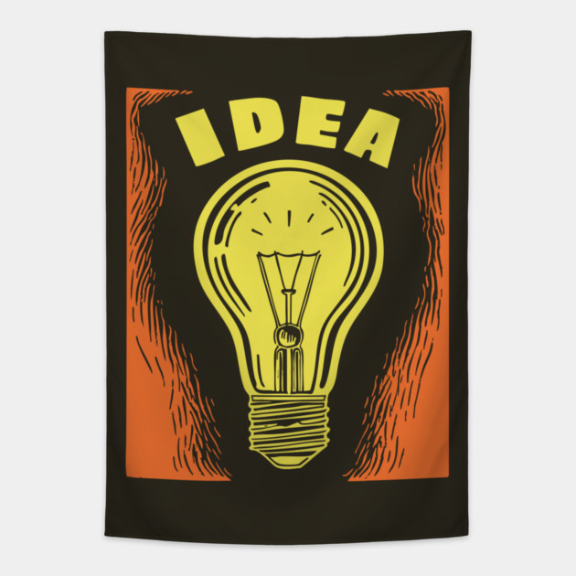 Bright Idea Lightbulb Vintage Linocut Graphic Tapestry by TuncGK
