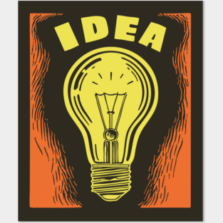 Bright Idea Lightbulb Vintage Linocut Graphic Posters and Art