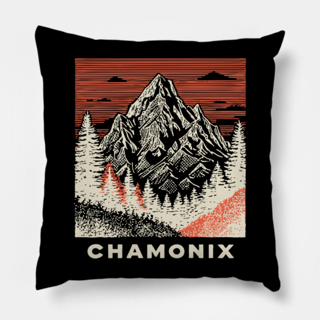Chamonix Mountains Rugged Woodcut Style Art Pillow by TuncGK