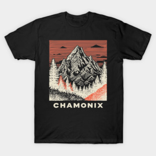 Chamonix Mountains Rugged Woodcut Style Art T-Shirt
