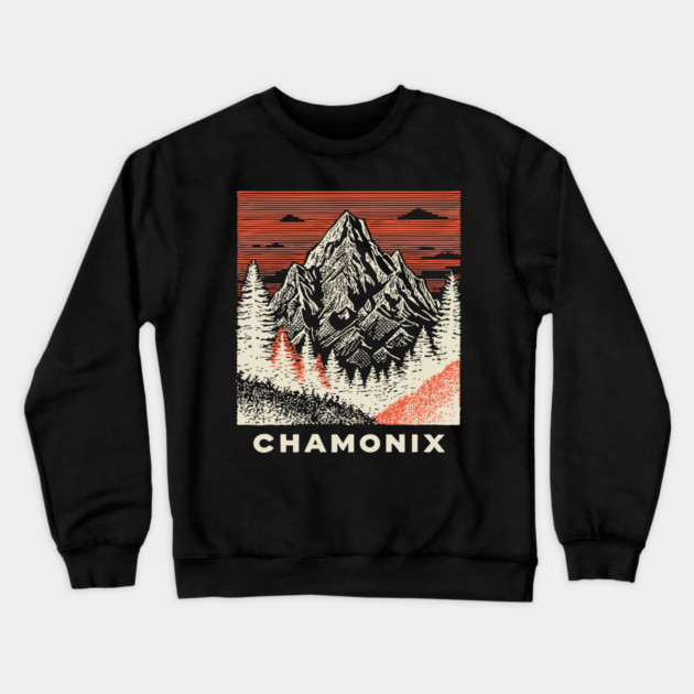 Chamonix Mountains Rugged Woodcut Style Art Crewneck Sweatshirt by TuncGK