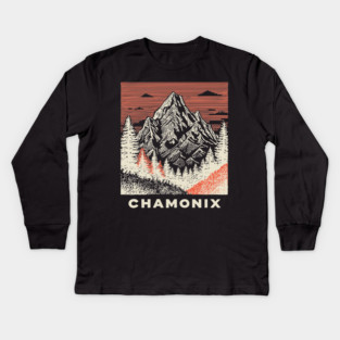 Chamonix Mountains Rugged Woodcut Style Art Kids Long Sleeve T-Shirt