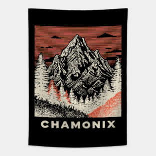Chamonix Mountains Rugged Woodcut Style Art Tapestry