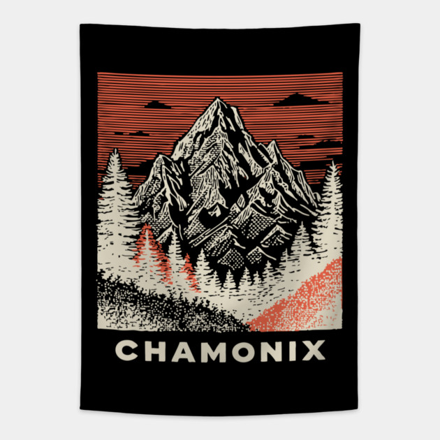 Chamonix Mountains Rugged Woodcut Style Art Tapestry by TuncGK