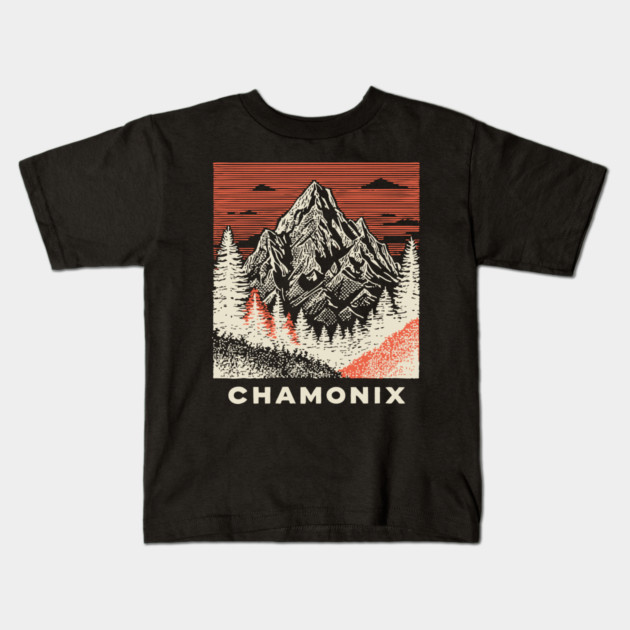 Chamonix Mountains Rugged Woodcut Style Art Kids T-Shirt by TuncGK